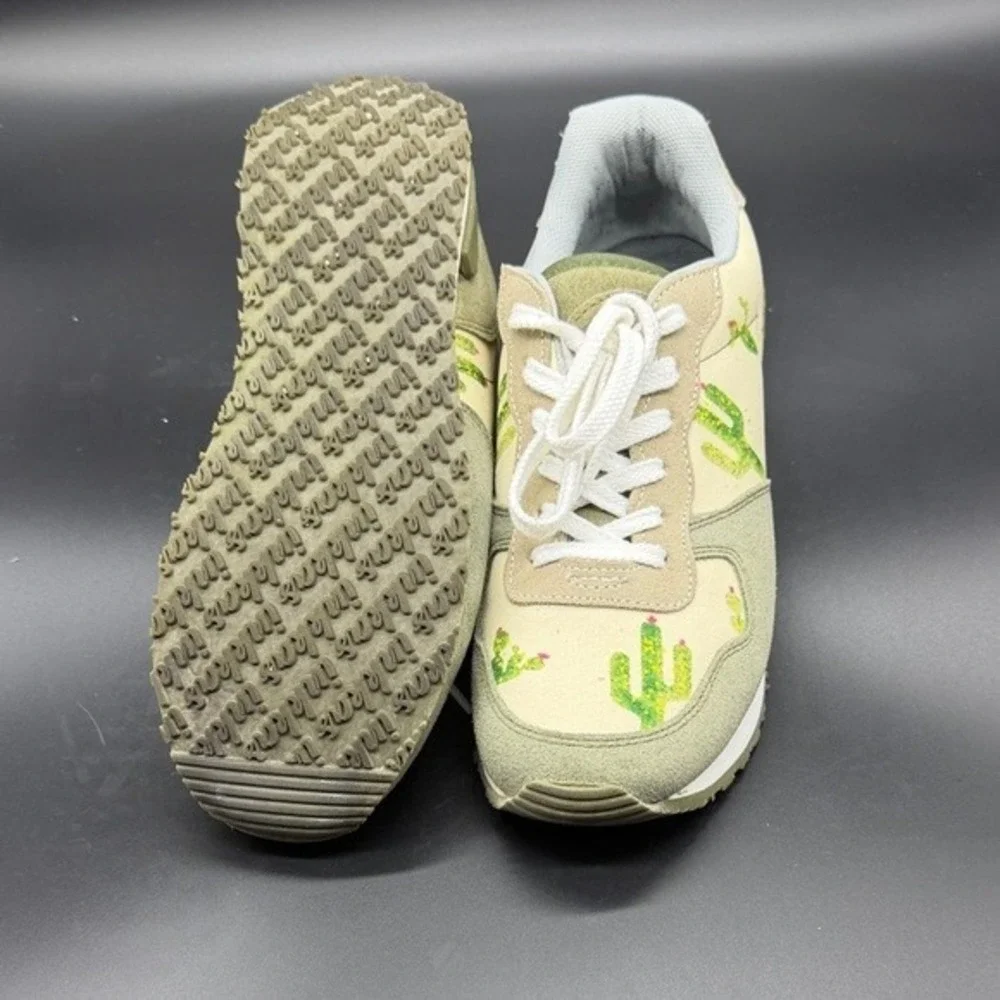 INKKAS Cactus‎ Print Sneakers Women Size 7 US Women 5 US Men Green Tan Lace Up